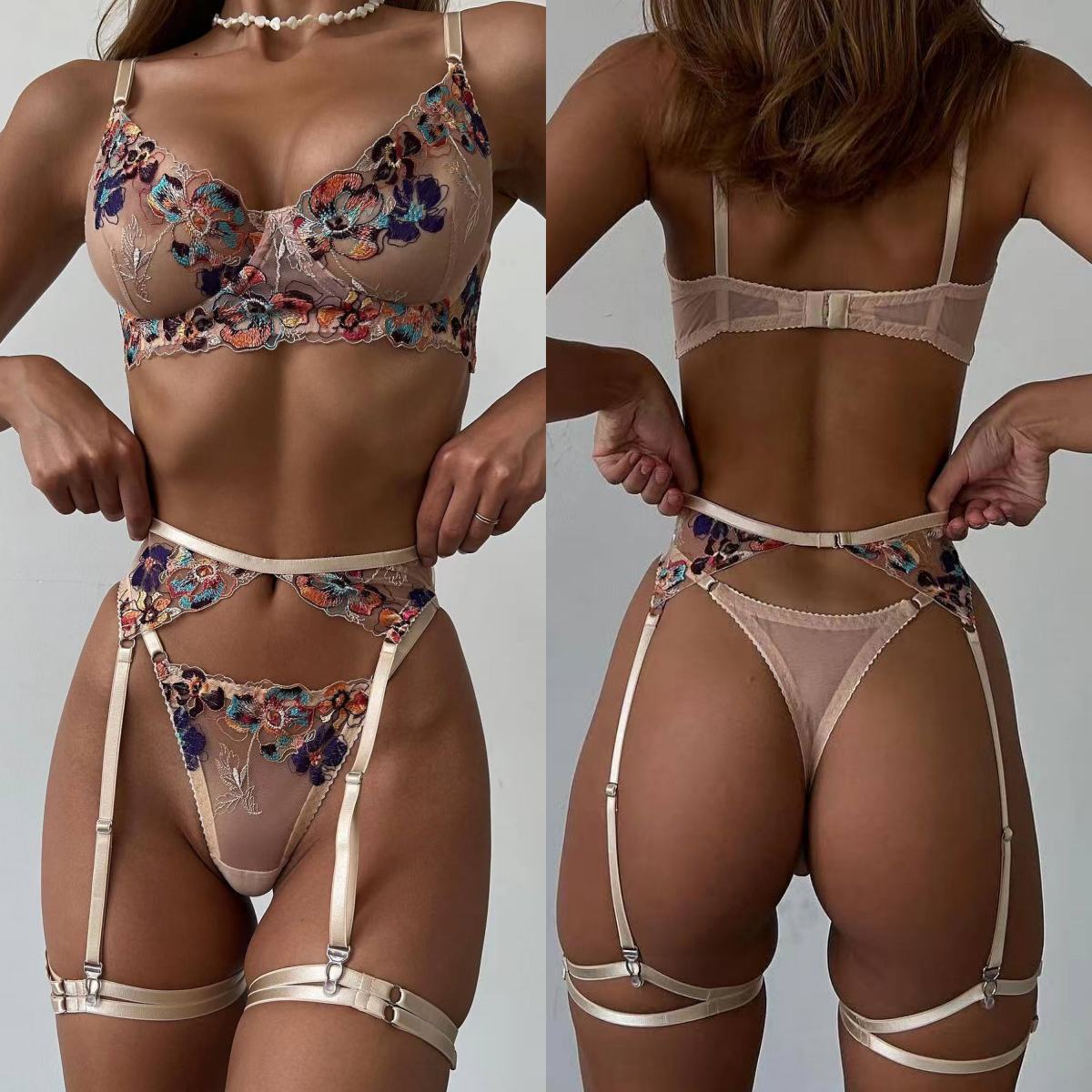 Luxury Skincare Set - Krasapt Luxury Embroidery See-through Lingerie 4Pcs